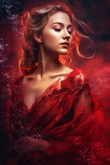 gorgeous beautiful woman in a red dress. Book cover of romantic novel with double exposure. Generative AI illustration - obrazy, fototapety, plakaty