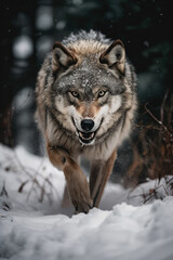 Fototapeta premium Gray wolf in a snowy forest. Wild animal aggressively running towards the camera generate ai