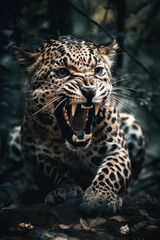 Fototapeta premium Wild Leopard panthera roaring aggressively. Jungle forest running generative ai