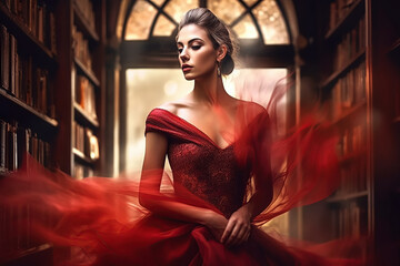woman in red dress with double exposure. Generative AI illustration