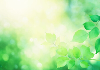 Fototapeta na wymiar 水彩風の緑の葉とボケ玉のフレームイラスト（ジェネレーティブ AI ）