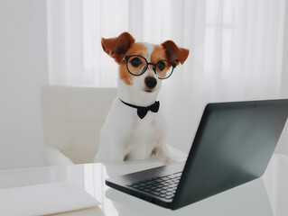 Busy jack russell terrier dog with eyeglasses. Concept of hardworking pet officer.