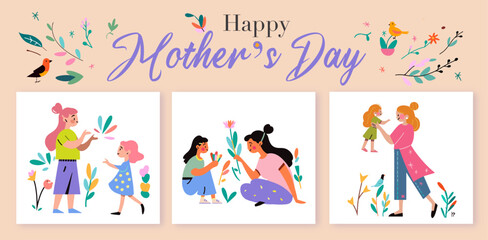 Fototapeta premium Motherhood concept set. Mom and kid playing, sitting together, hugging and or raising. Great for Mother’s Day, birthdays, Easter, child childbirth, and newborn celebration. Multiple races. Cartoon