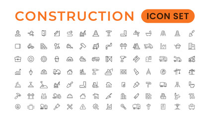 Construction line icons set. Home repair tools outline icons collection. Construction tools, builders and equipment symbols. Builder, crane, engineering, equipment, helmet, tool, house - stock vector.