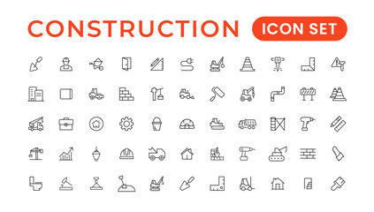 Construction line icons set. Home repair tools outline icons collection. Construction tools, builders and equipment symbols. Builder, crane, engineering, equipment, helmet, tool, house - stock vector.