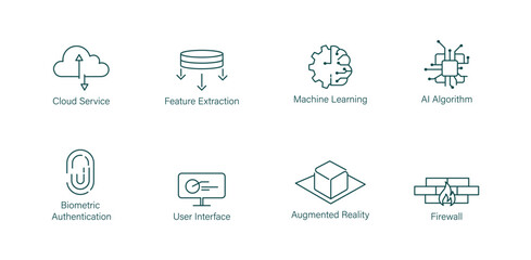 cloud service, data extraction, machine learning, ai algorithm, biometric authentication, user interface, augmented reality, firewall icon set vector illustration 