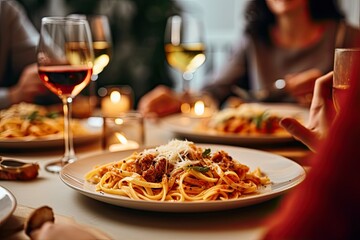 People Eating Pasta and Toasting in Dining Space. Generative AI