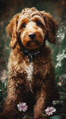 Obraz premium Brown Dog with Flowers Painting. Generative AI