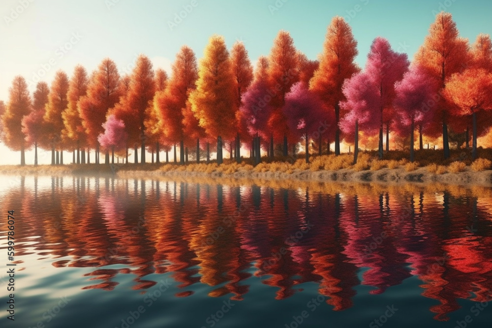 Aufkleber a row of colorful trees reflected in a calm lake or river. generative ai technology..