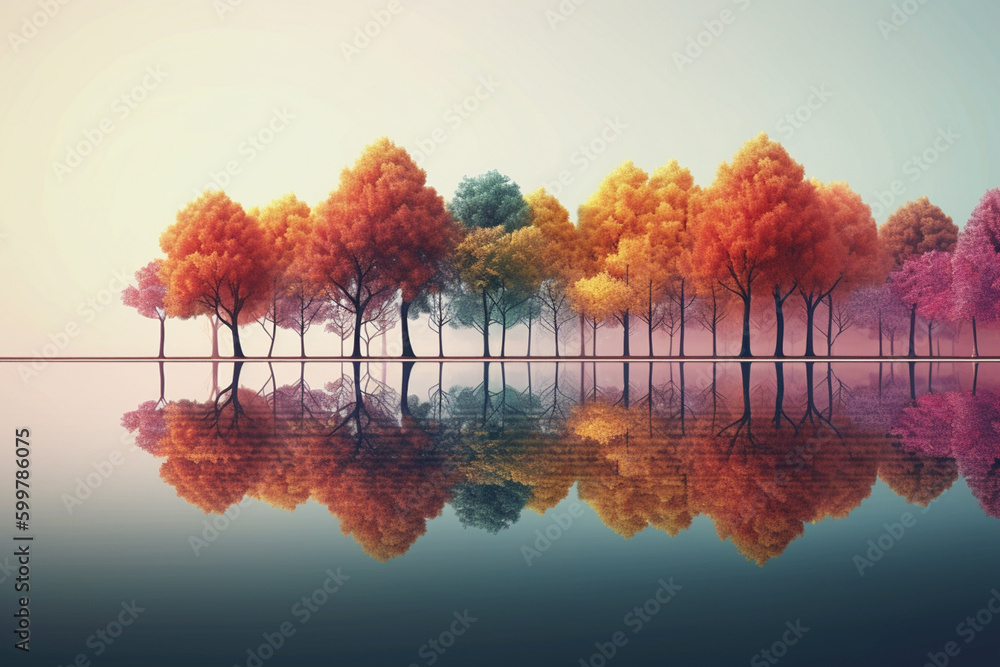 Aufkleber a row of colorful trees reflected in a calm lake or river. generative ai technology..