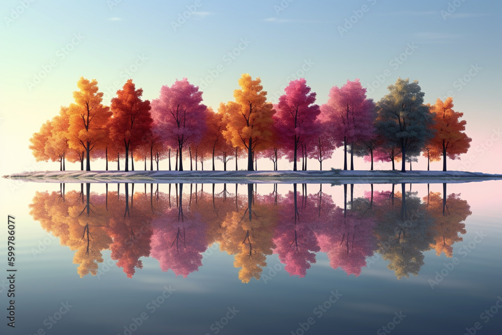 Poster a row of colorful trees reflected in a calm lake or river. generative ai technology..