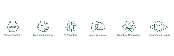 nano technology, deep learning, ai algorithm, brain stimulation, quantum computing, augmented reality icon set vector illustration 