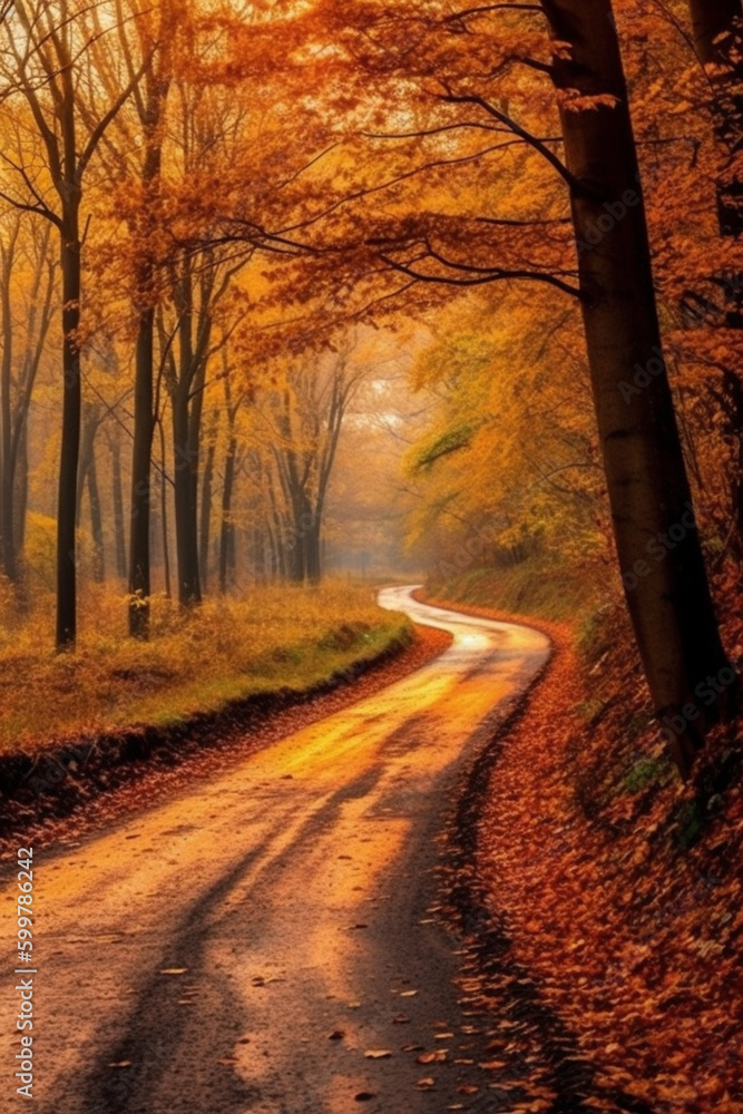 Poster a picturesque countryside road lined with trees in full autumn foliage. generative ai technology..