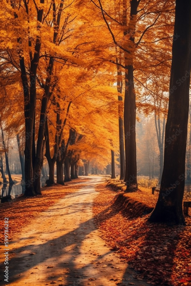 Poster a picturesque countryside road lined with trees in full autumn foliage. generative ai technology..