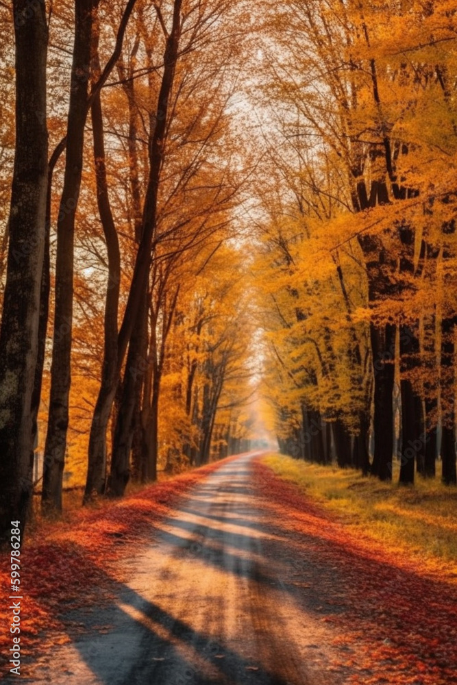Poster a picturesque countryside road lined with trees in full autumn foliage. generative ai technology..