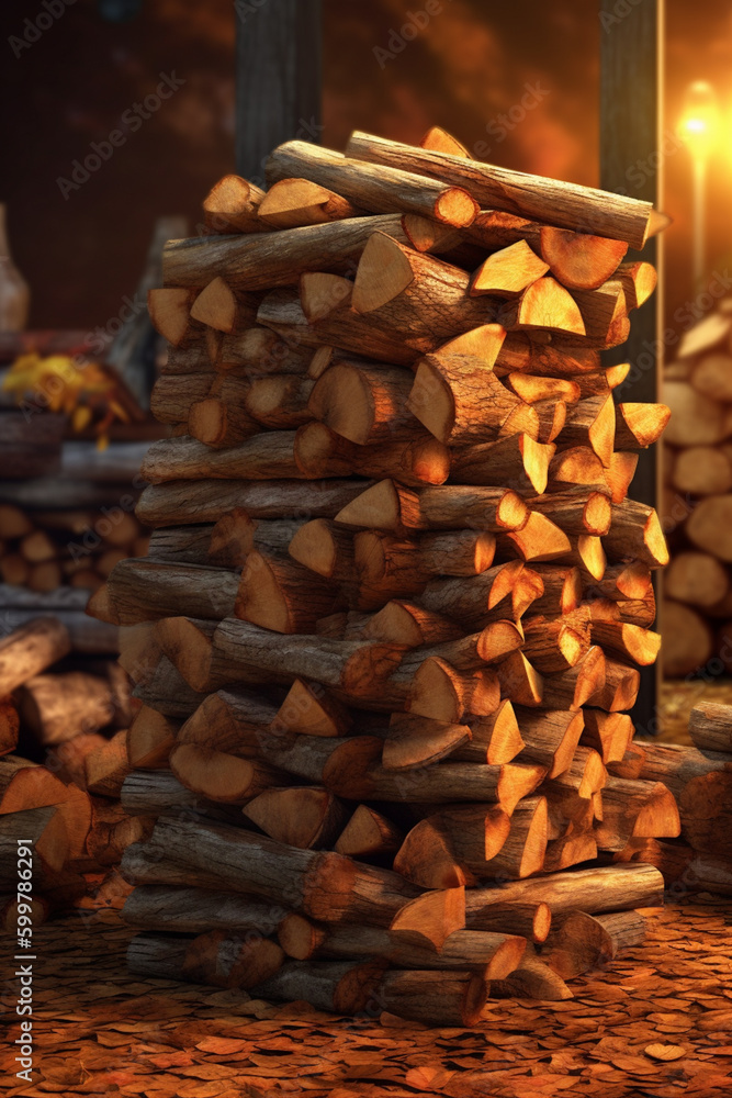 Poster a stack of firewood, ready to be used for cozy autumn nights. generative ai technology..
