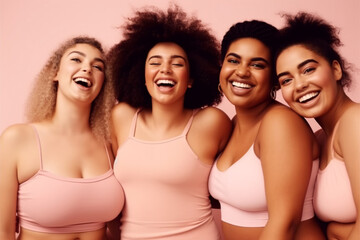 Obraz premium Group of different fat women posing on pink background. Generative AI