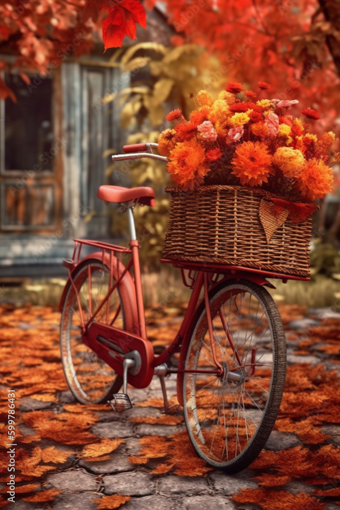 Poster a vintage bicycle with a basket full of autumn flowers and leaves.generative ai technology..