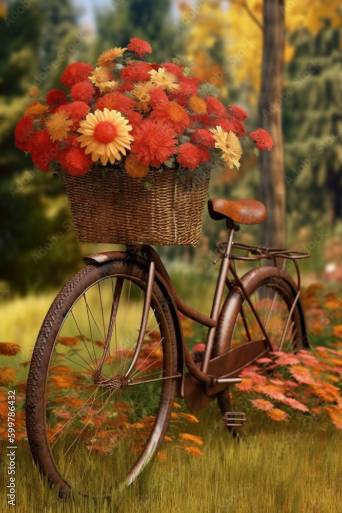 Poster a vintage bicycle with a basket full of autumn flowers and leaves.generative ai technology..