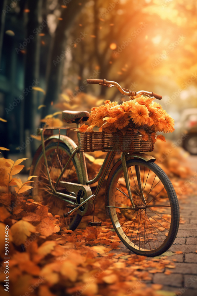 Poster a vintage bicycle with a basket full of autumn flowers and leaves.generative ai technology..
