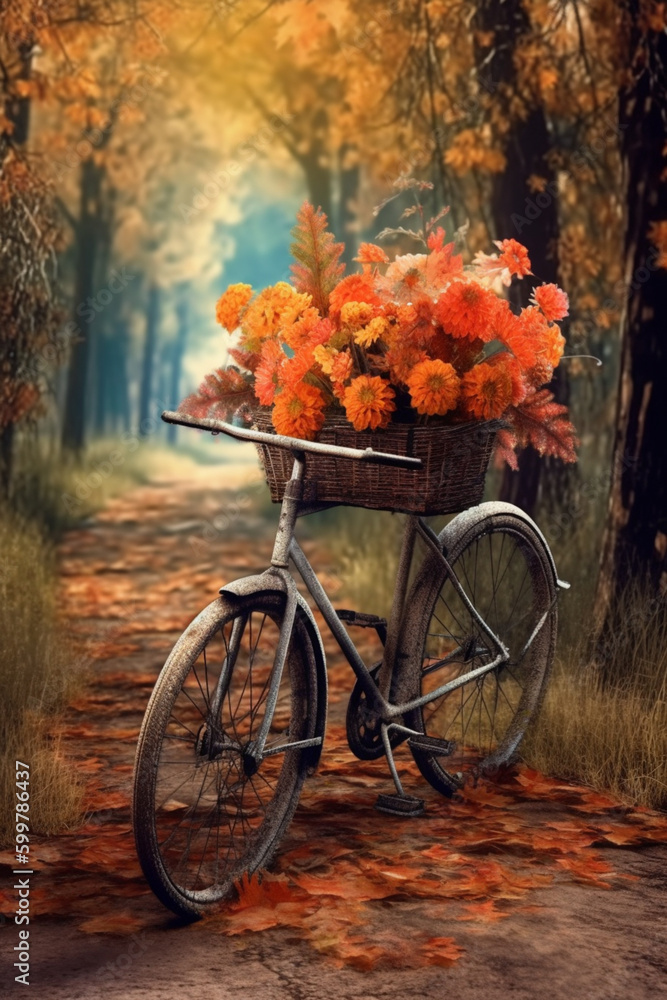 Poster a vintage bicycle with a basket full of autumn flowers and leaves.generative ai technology..