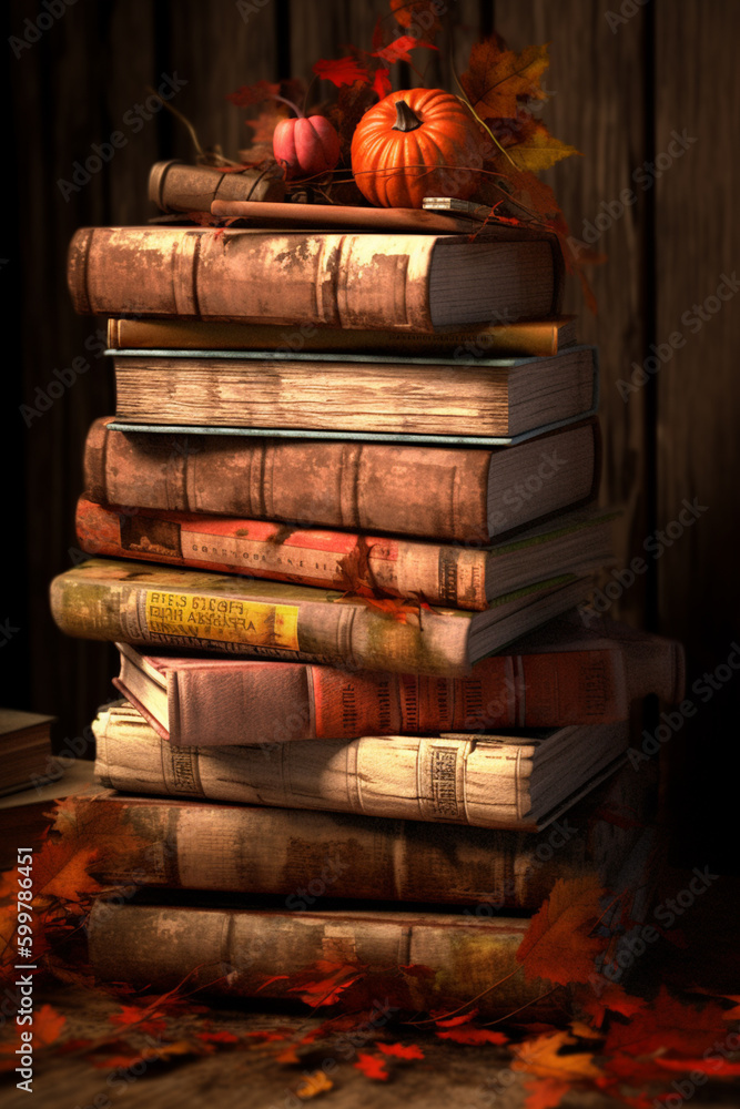 Poster a stack of old books with autumn-themed covers, such as 