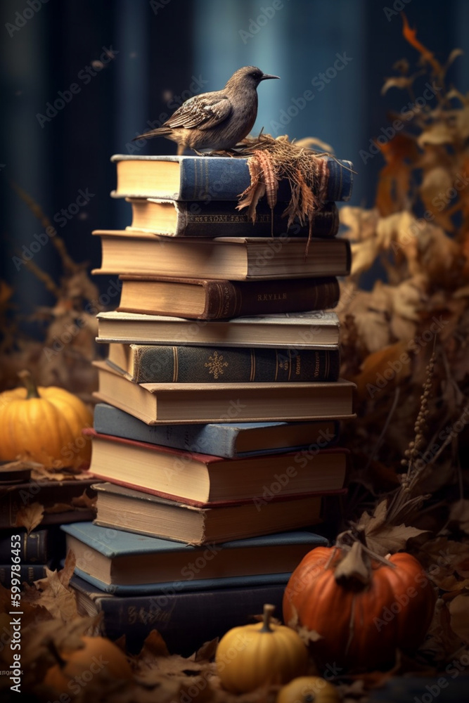 Leinwandbilder a stack of old books with autumn-themed covers, such as 