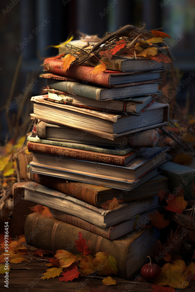 Poster A stack of old books with autumn-themed covers, such as 