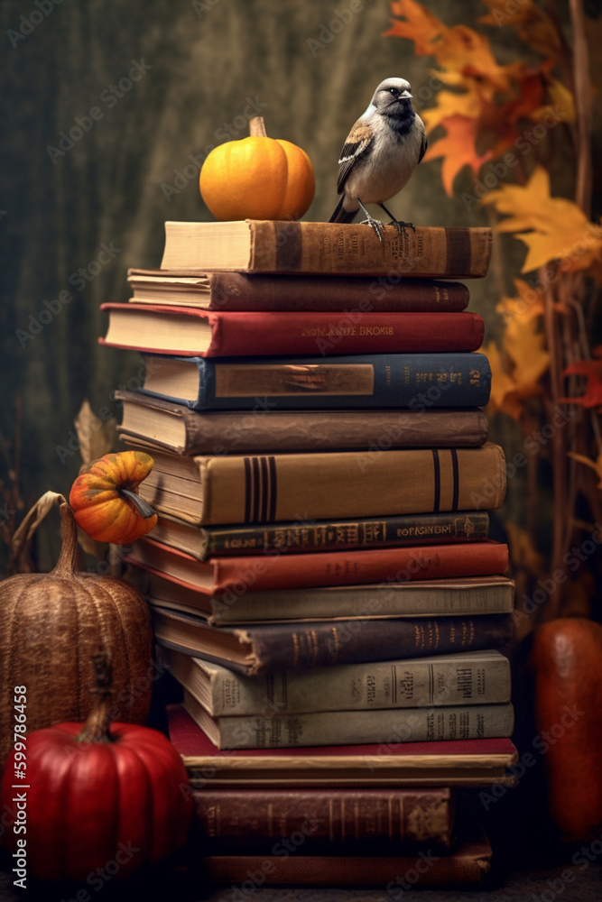 Poster a stack of old books with autumn-themed covers, such as 