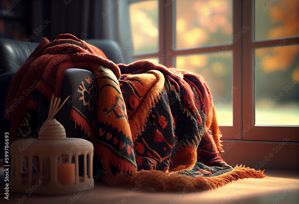 Poster  A warm, fuzzy blanket draped over a chair in front of a window with an autumn view. Generative AI technology..
