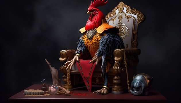 An Anime Rooster depicted as the King of Gemssitting on a Throne. The Rooster is very proud and has Piles of different Gems behind him.