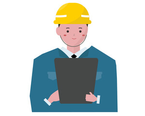 タブレット操作をする作業員の男性。ベクターイラスト