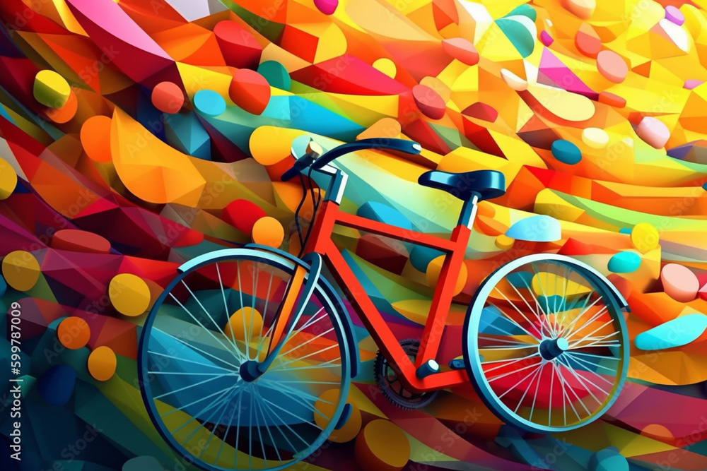 Poster  An abstract geometric design featuring overlapping bicycle shapes in vibrant colors. Generative AI technology..