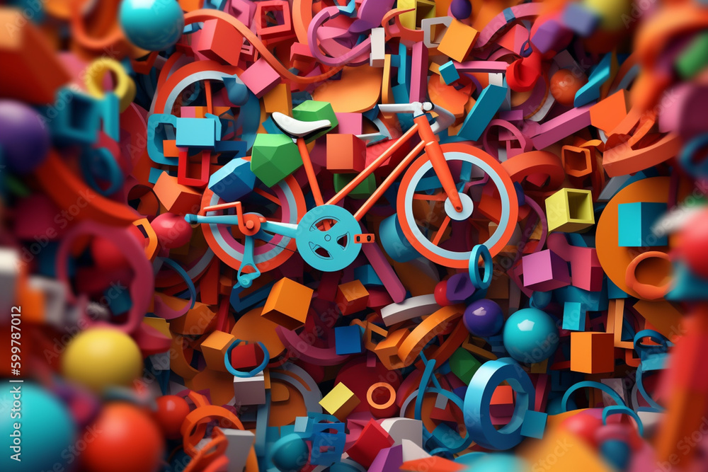 Poster  An abstract geometric design featuring overlapping bicycle shapes in vibrant colors. Generative AI technology..