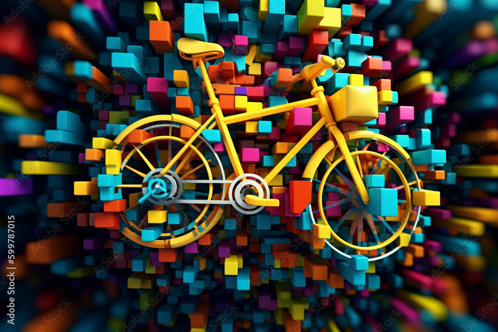Poster  An abstract geometric design featuring overlapping bicycle shapes in vibrant colors. Generative AI technology..