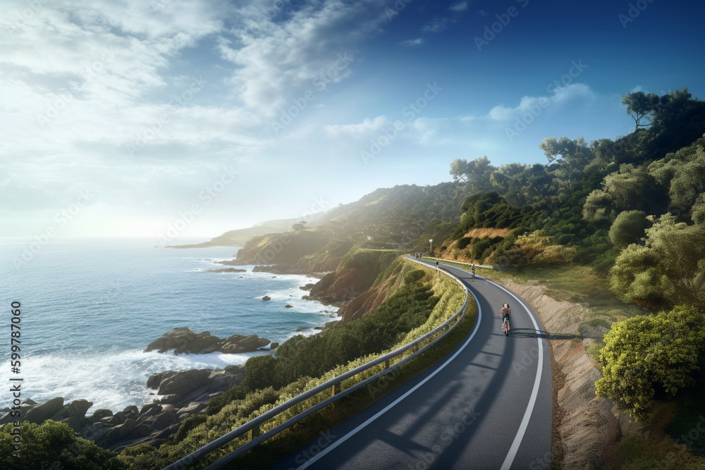 Aufkleber A cyclist enjoying a scenic ocean view while riding along a coastal road.  Generative AI technology..