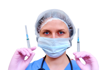 Female doctor in a medical mask on a with syringes in her hands, isolated on a white background. Medic with coronavirus vaccine, concept of medication for influenza virus.