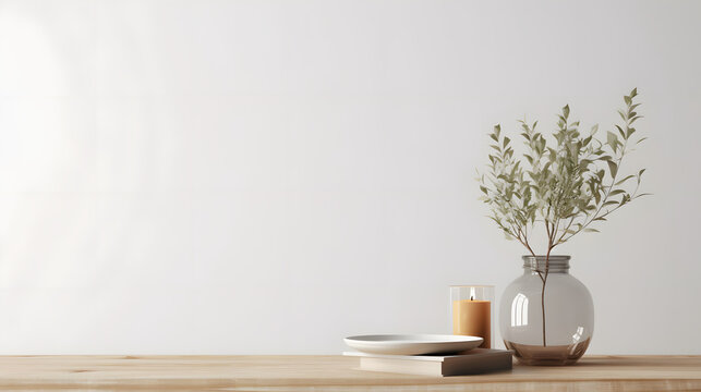 Traditional interior wall mockup with green twigs in vase and candle standing on light brown wooden table on empty white background. 3D rendering, illustration