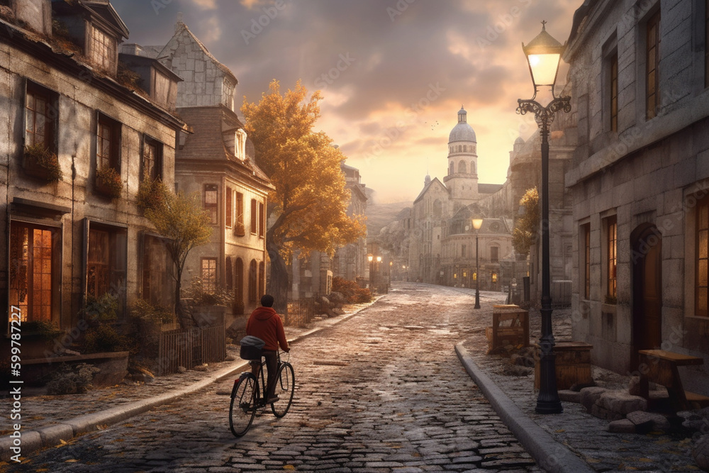Poster a vintage-inspired a cyclist riding along a cobblestone road with old buildings in the background. g