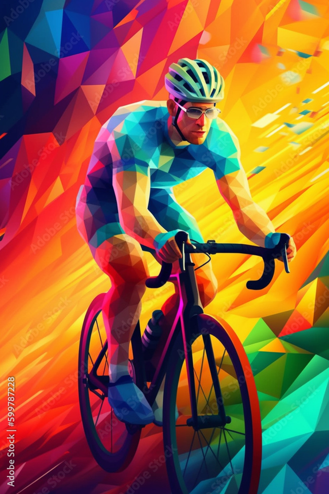Aufkleber an artistic illustration of a cyclist racing against a geometric background with vibrant colors. gen