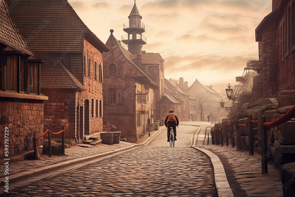 Poster a vintage-inspired a cyclist riding along a cobblestone road with old buildings in the background. g