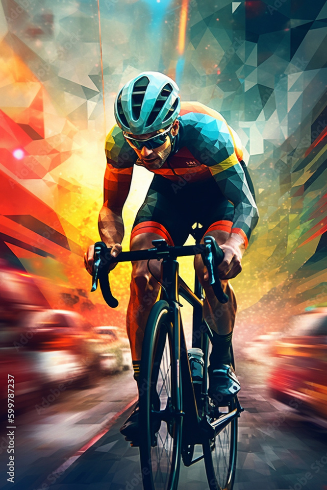 Poster an artistic illustration of a cyclist racing against a geometric background with vibrant colors. gen