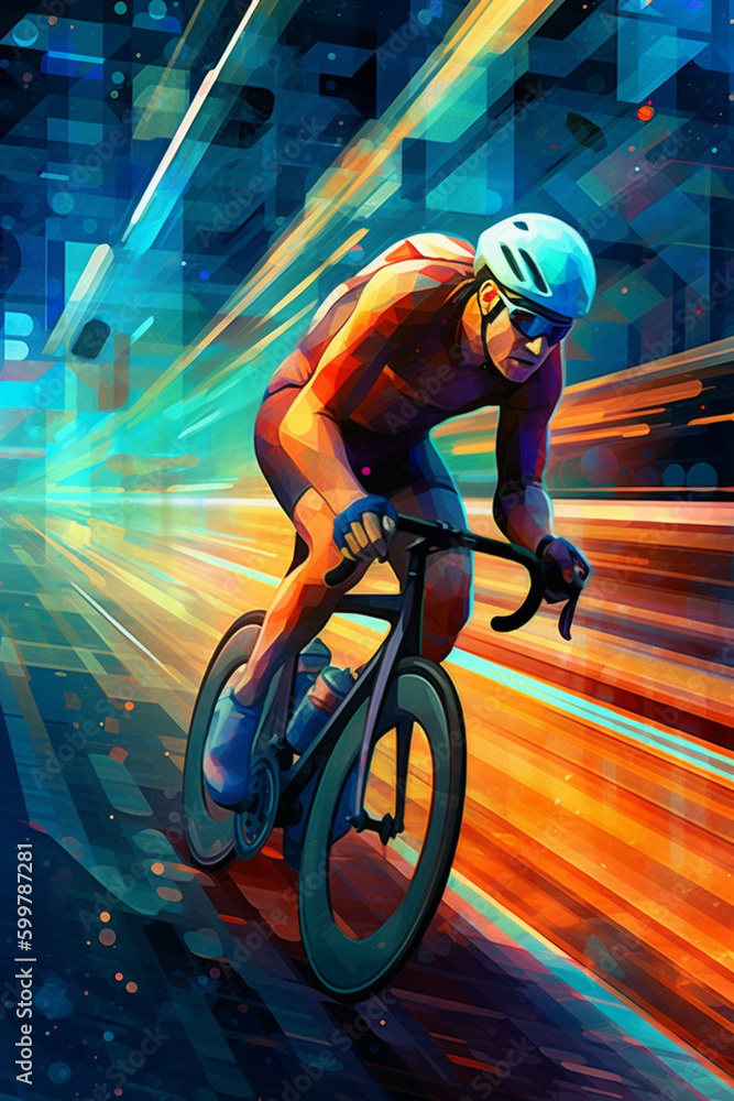Poster an artistic illustration of a cyclist racing against a geometric background with vibrant colors. gen