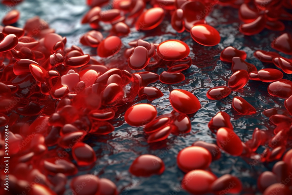 Poster a microscopic view of red blood cells in motion, resembling a flowing river. generative ai technolog