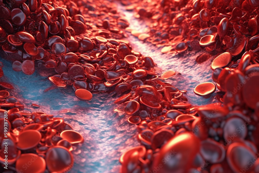 Poster A microscopic view of red blood cells in motion, resembling a flowing river. Generative AI technology..