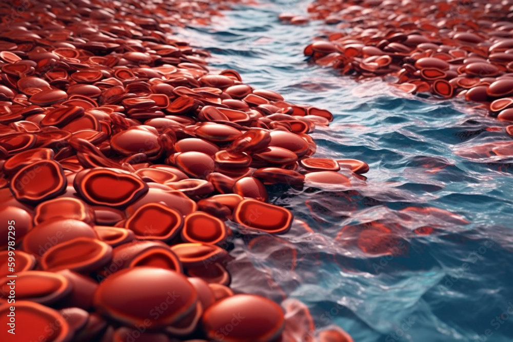 Poster A microscopic view of red blood cells in motion, resembling a flowing river. Generative AI technology..