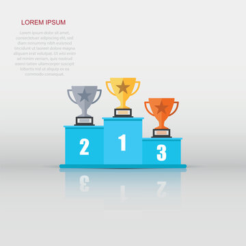 Winners podium with trophy icon in flat style. Pedestal illustration on white isolated background. Gold, silver and bronze award sign concept.