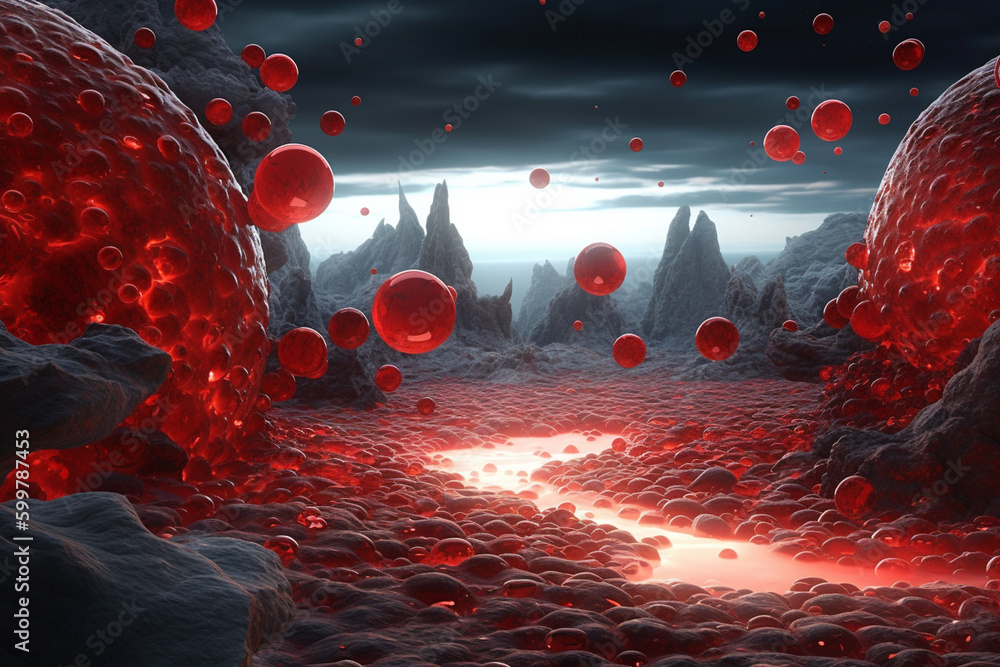 Poster an artistic depiction of blood cells and plasma flowing through a futuristic landscape. generative a