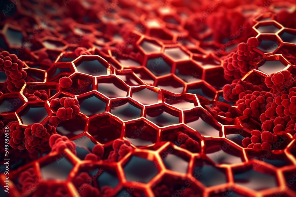 Poster An illustration of blood cells in a hexagonal pattern, resembling a microscopic honeycomb.  Generative AI technology..