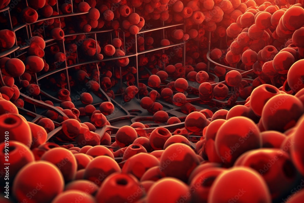 Poster A digital illustration of blood cells flowing through a maze-like structure.  Generative AI technology..